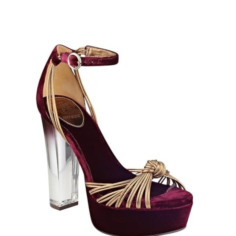 Guess Burgundy Velvet Bronze Gold Leather Peekaboo Ombré Platform Heels (Size 6)